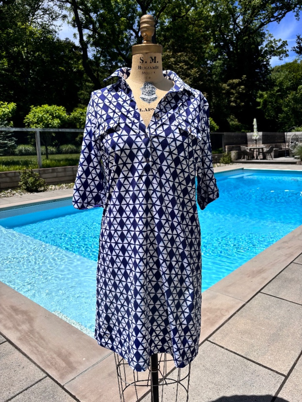 J. Mclaughlin Blue & White Geometric Shirt Dress Catalina Cloth Size M